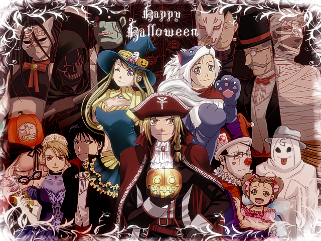 6+boys alex_louis_armstrong alternate_costume blonde_hair cat_paws clown clown_nose costume edward_elric elicia_hughes envy_(fma) fangs fullmetal_alchemist ghost_costume greed grumman halloween happy_halloween hat jack-o'-lantern ling_yao maes_hughes mask mask_removed mikumo_sena multiple_boys multiple_girls mummy one_eye_closed paws pirate pumpkin riza_hawkeye roy_mustang scar_(fma) sloth solf_j_kimblee the_gate_(fma) top_hat vampire_costume winry_rockbell witch_hat yellow_eyes