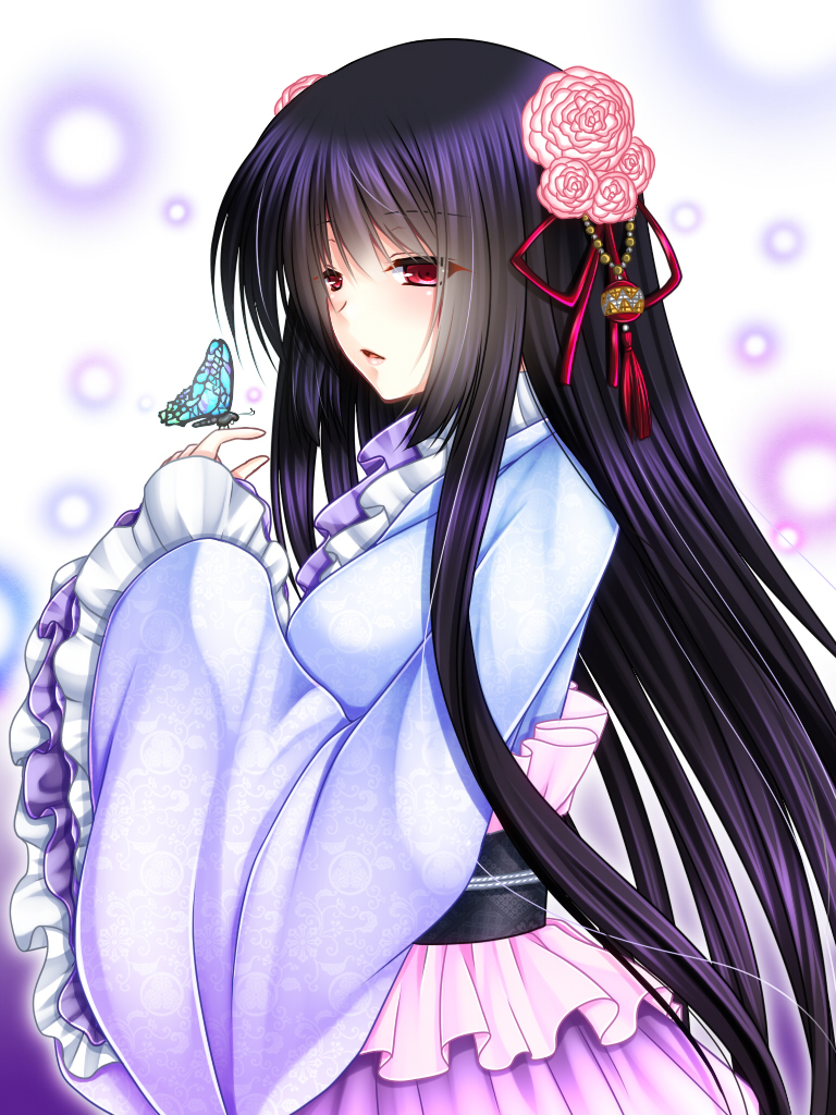 asazuki_kanai bangs black_hair blush bug butterfly butterfly_on_hand dress eyebrows_visible_through_hair flower frilled_sash frilled_sleeves frills from_side gradient hair_flower hair_ornament hair_ribbon hand_up insect long_hair long_sleeves looking_away original parted_lips red_eyes red_ribbon ribbon sash solo tassel very_long_hair wide_sleeves