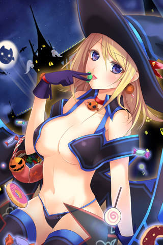 alternate_costume bare_shoulders black_legwear blonde_hair blue_eyes blush breasts candy choker cleavage collarbone deeple doughnut earrings food ghost gloves grin hat holding jewelry large_breasts lollipop long_hair lowres midriff navel night open_mouth outdoors rose_pacifica silhouette smile solo sword_girls thighhighs tongue tongue_out witch witch_hat