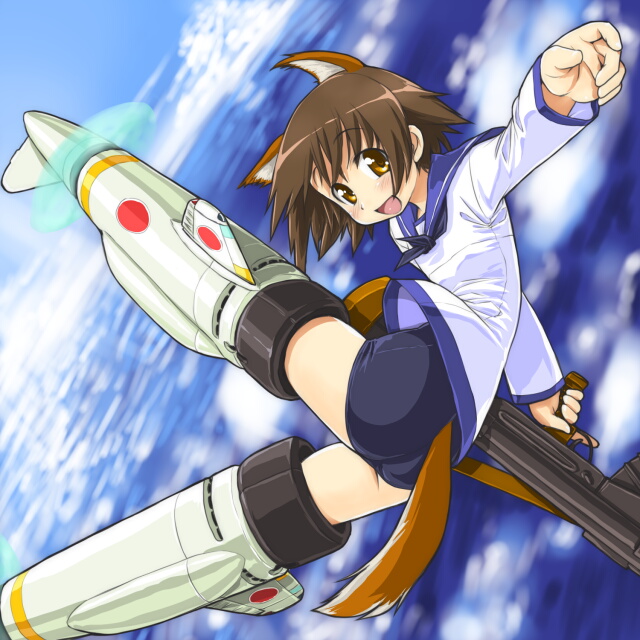 animal_ears ass brown_eyes brown_hair cloud day dd_(ijigendd) dog_ears dog_tail flat_chest gun miyafuji_yoshika school_uniform serafuku short_hair sky solo strike_witches striker_unit tail weapon world_witches_series