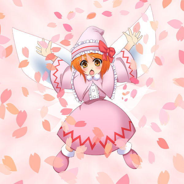 ankle_boots arms_up boots brown_eyes cherry_blossoms dress fairy fairy_wings full_body fur_trim lily_white long_sleeves looking_at_viewer orange_hair petals pink_background pink_dress short_hair simple_background solo touhou wapokichi wings