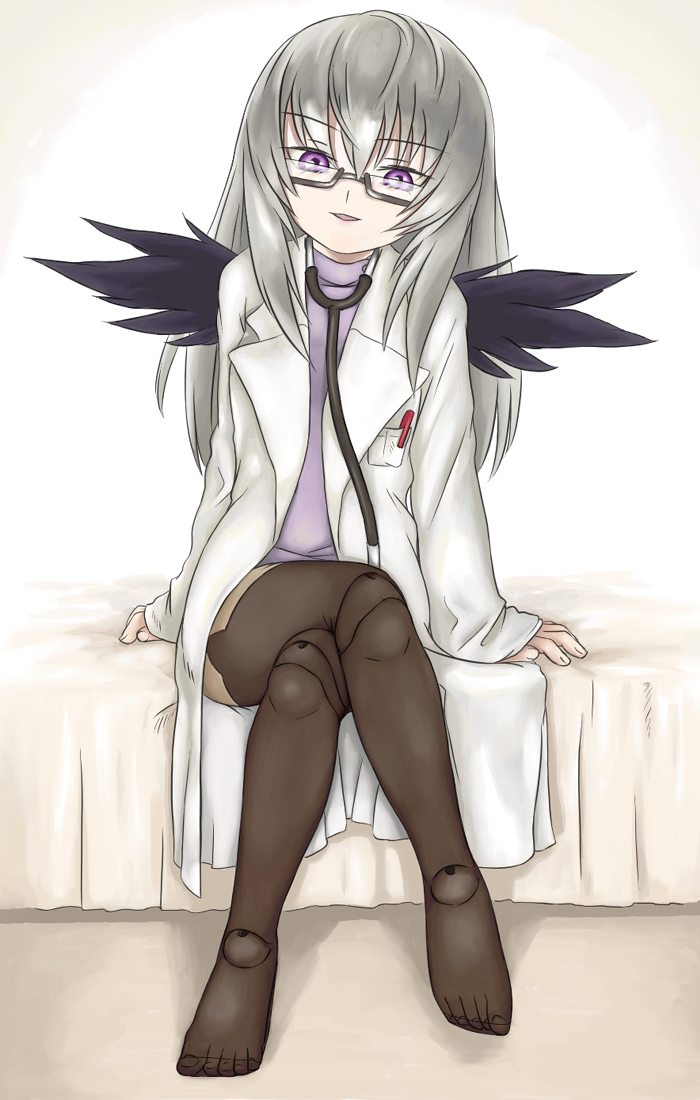 artist_request doctor doll_joints glasses labcoat pantyhose purple_eyes rozen_maiden silver_hair solo stethoscope suigintou wings