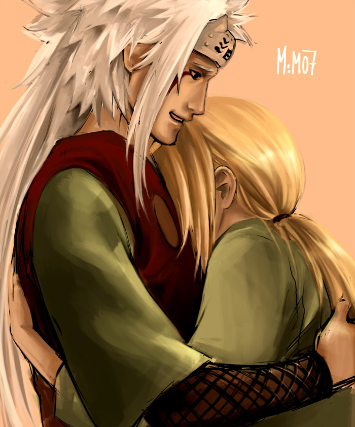 1girl black_eyes blonde_hair couple forehead_protector head_on_chest height_difference hetero hug japanese_clothes jiraiya kimono long_hair low_twintails maren_marmulla naruto_(series) ninja old_man orange_background ponytail profile simple_background smile source_request tsunade twintails very_long_hair white_hair