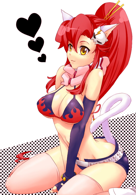 :3 animal_ears bad_id bad_pixiv_id belt bikini_top breast_squeeze breasts cat_ears cat_tail cleavage elbow_gloves fingerless_gloves gloves hair_ornament hairclip heart large_breasts long_hair midriff ponytail red_hair sako scarf short_shorts shorts sitting solo tail tengen_toppa_gurren_lagann thighhighs yellow_eyes yoko_littner