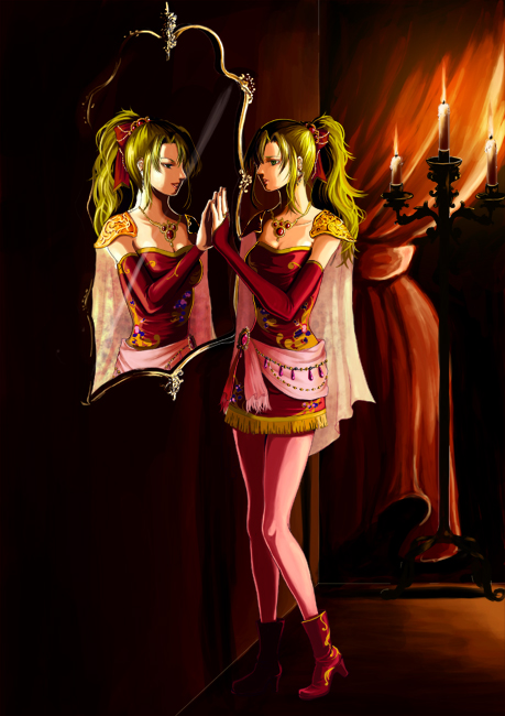 bow candle cape detached_sleeves final_fantasy final_fantasy_vi green_hair hair_bow jewelry mirror mizumori necklace pantyhose ponytail reflection skirt solo tina_branford