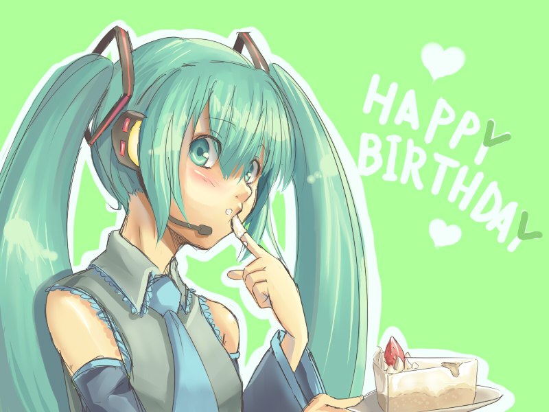 aqua_eyes aqua_hair aryus bad_id bad_pixiv_id birthday blush cake detached_sleeves english food green_background happy_birthday hatsune_miku headset heart long_hair necktie pastry plate simple_background slice_of_cake solo twintails very_long_hair vocaloid
