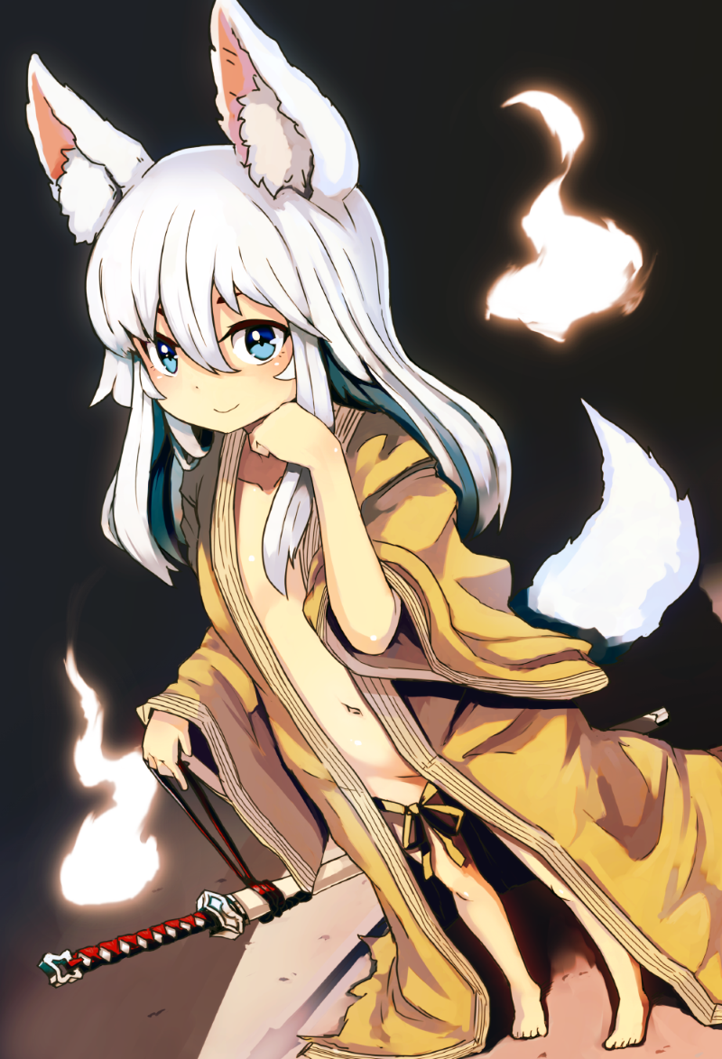 animal_ears barefoot blue_eyes collarbone flat_chest fox_ears fox_tail ghost groin hitodama long_hair navel no_bra no_panties nosuku open_clothes original scabbard sheath silver_hair smile solo sword tail weapon
