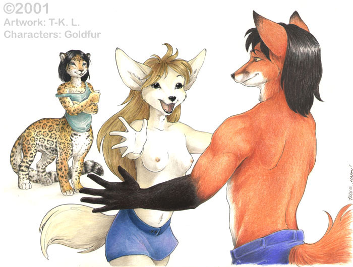 black_hair blonde_hair bottomless breasts canine chakat cheetah clothed clothing feline female fennec forestwalker fox gloves_(marking) hair half-dressed happy herm intersex kris_(goldfur) leanna leopard_spots male mammal markings nipples skirt spots tail_clothing tara_k._labus taur topless