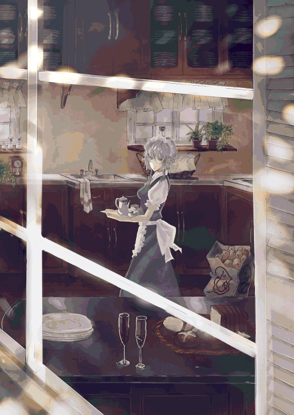 apron bag basket braid bread cup cupboard food from_outside grey_eyes izayoi_sakuya kitchen kotarou_(rakugaki_shirushi) looking_at_viewer looking_back looking_out_window maid maid_headdress plant plate potted_plant puffy_sleeves shirt short_sleeves silver_hair sink skirt skirt_set solo table tea_set teacup teapot toast touhou tray twin_braids vest waist_apron window