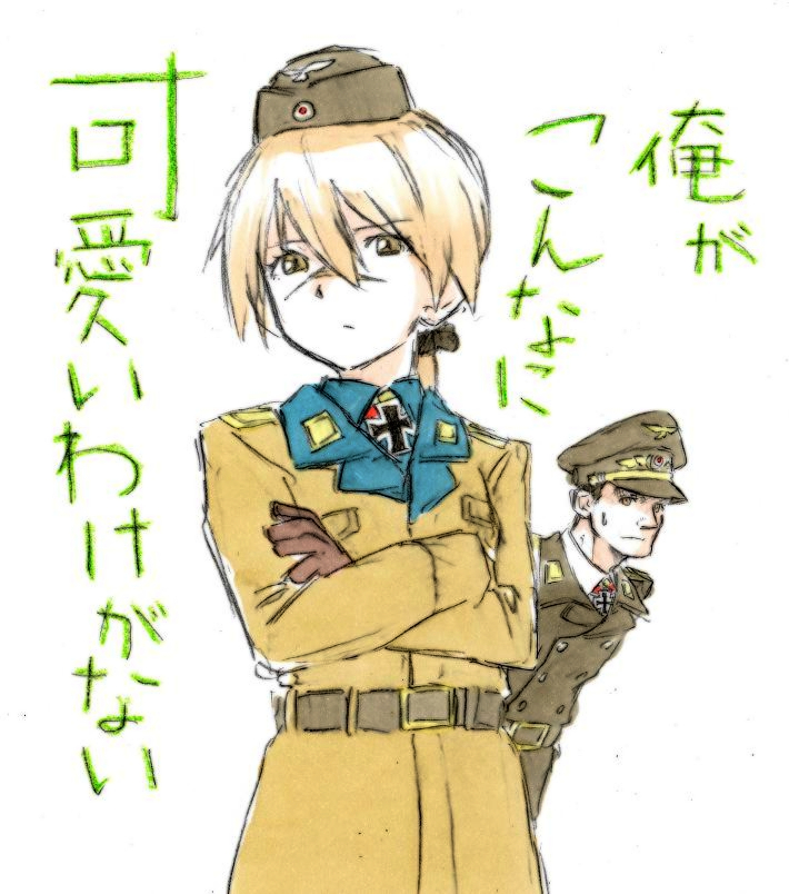 1girl bad_id bad_pixiv_id belt blonde_hair can't_be_this_cute coat crossed_arms facial_scar garrison_cap green_eyes hanna_rudel hans-ulrich_rudel hat iron_cross long_hair medal military military_hat military_uniform namesake nose_scar peaked_cap ponytail real_life real_life_insert scar shiratama_(hockey) simple_background traditional_media translated uniform white_background world_war_ii world_witches_series