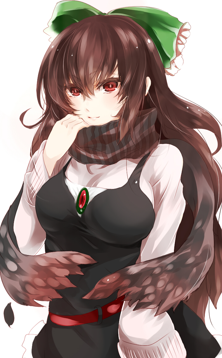 alternate_costume amua belt black_wings bow brown_hair casual contemporary hair_bow long_hair red_eyes reiuji_utsuho scarf simple_background smile solo striped striped_scarf sweater third_eye touhou white_background wings