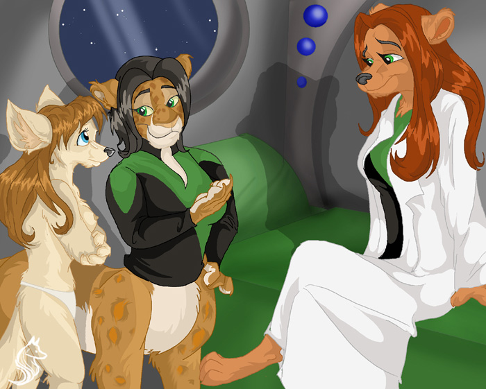 bear bed black_hair blue_eyes breasts brown_hair caitian canine chakat cheetah clothed clothing feline female fennec forestwalker fox green_eyes hair half-dressed herm intersex leanna leopard_spots mammal nipples panties spots star_trek taur topless underwear uniform window