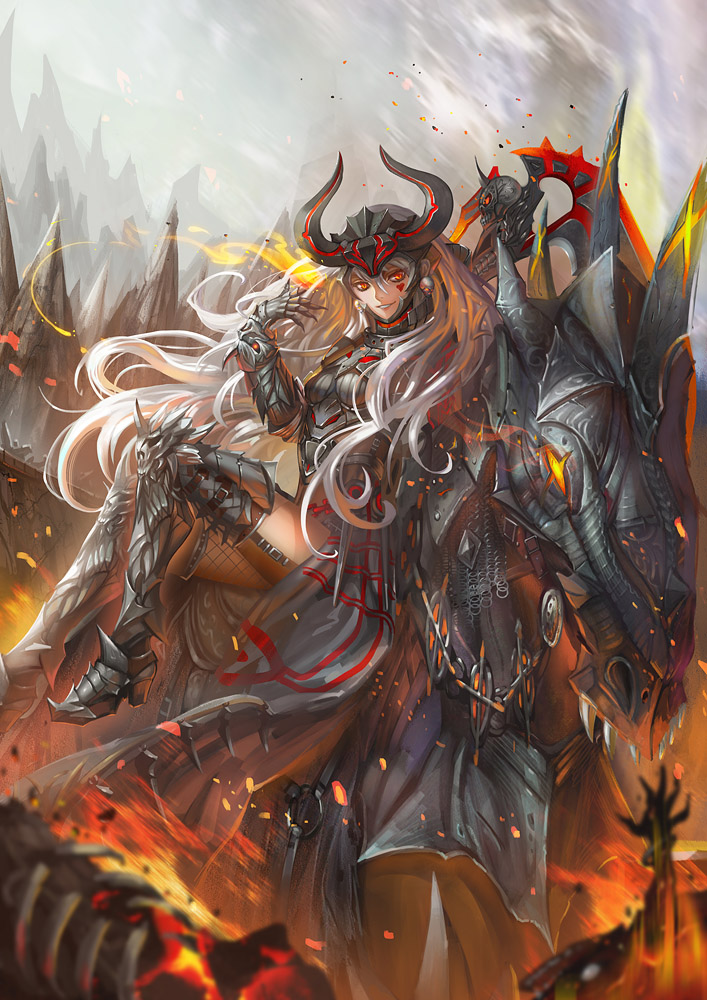 armor breastplate character_request dragon_nest facial_mark fire gauntlets greaves heart helmet horse lips lipstick long_hair makeup red_eyes saber_01 silver_hair silver_lipstick sitting solo sword weapon wind