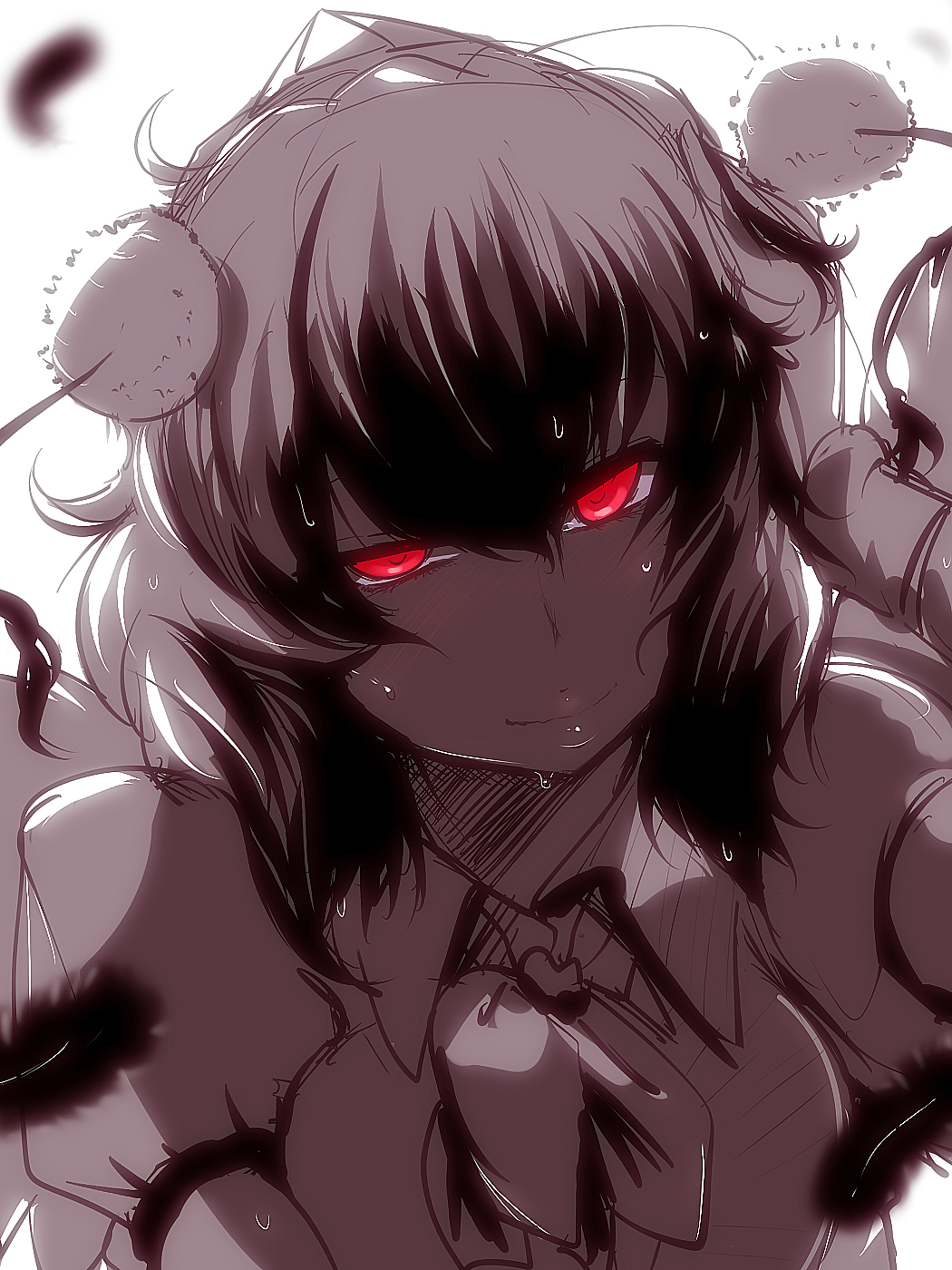 bad_id bad_pixiv_id blush face feathers glowing glowing_eyes hat highres hyudora light_smile looking_at_viewer monochrome red_eyes shameimaru_aya short_hair simple_background sketch solo spot_color sweat tokin_hat touhou white_background yandere