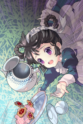 apron artist_request black_hair braid cookie crying crying_with_eyes_open emphasis_lines falling food lowres maid maid_headdress new_maid open_mouth outstretched_hand plate purple_eyes short_hair solo sword_girls teapot tears tray