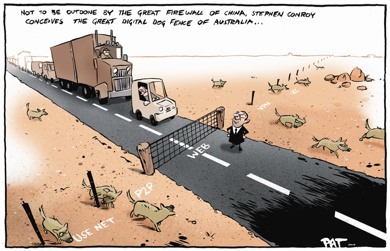 ambiguous_gender australia canine car censorship comic desert dog english_text fence feral human humor internet male mammal outside peeing political_cartoon road stephen_conroy text the_truth traffic truck urine white_sky