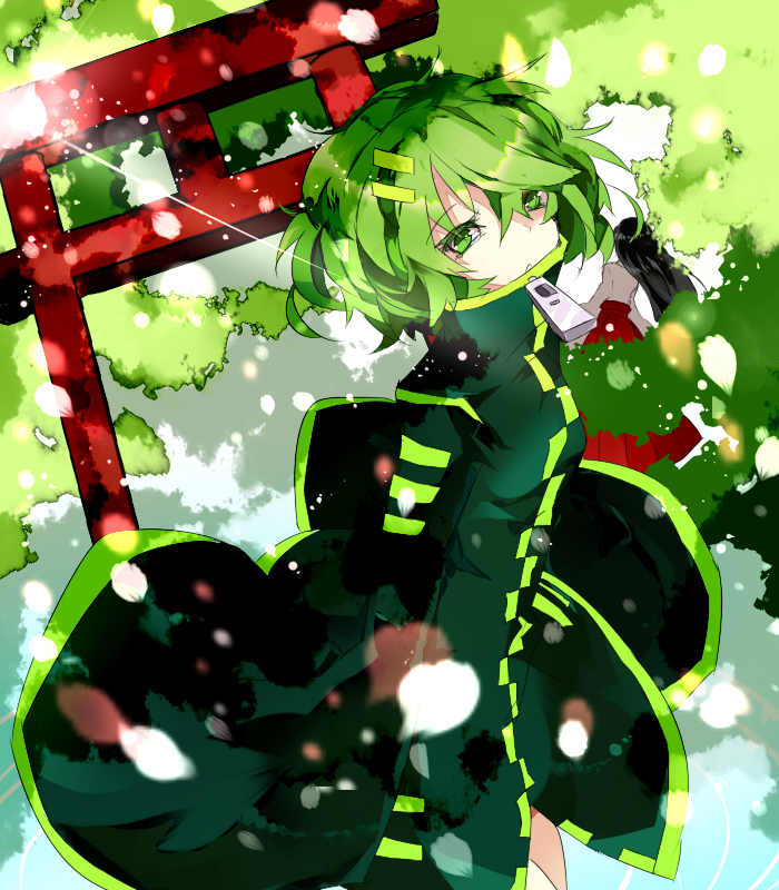 answered_prayers arch bad_id bad_pixiv_id chimiko_(answered_prayers) fluorette green_eyes green_hair hair_ornament hairclip lens_flare multiple_girls rooseputo_02 solo_focus tree zipper