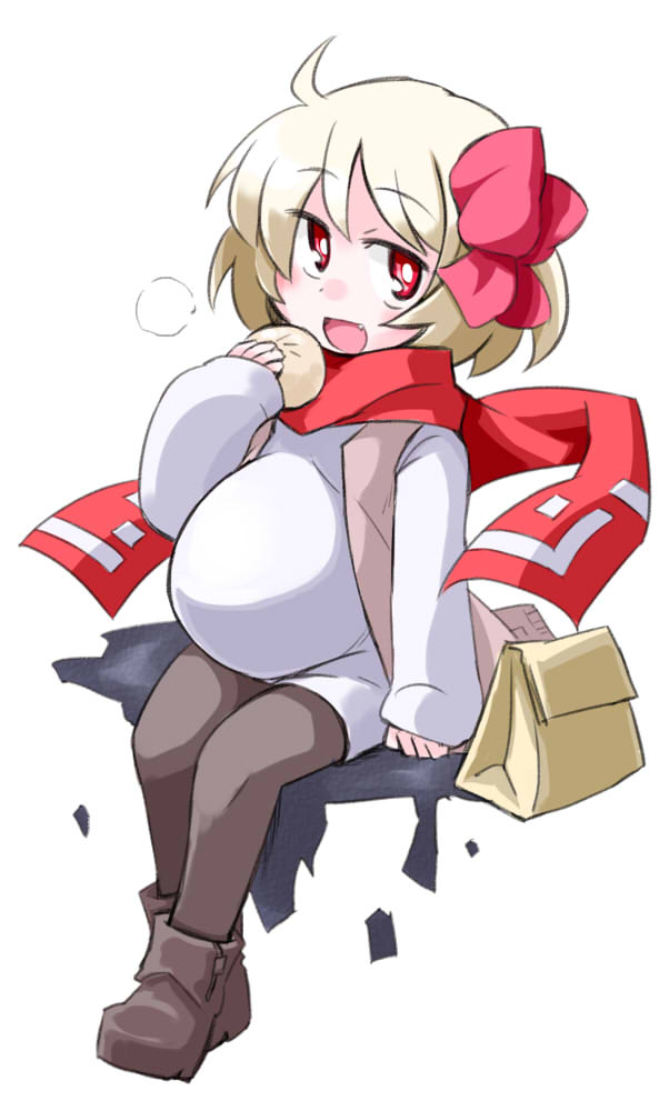 ahoge bag bright_pupils commentary_request fang food kugelschreiber pantyhose pregnant rumia scarf sitting solo touhou