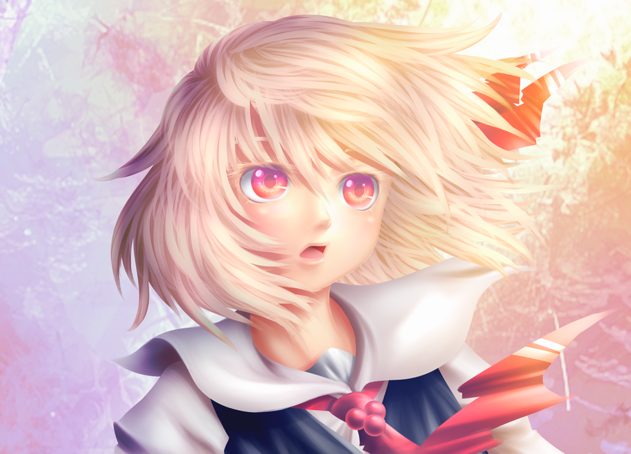 ascot blonde_hair colored_eyelashes five-seven hair_ribbon lips open_mouth red_eyes ribbon rumia short_hair solo touhou upper_body wind