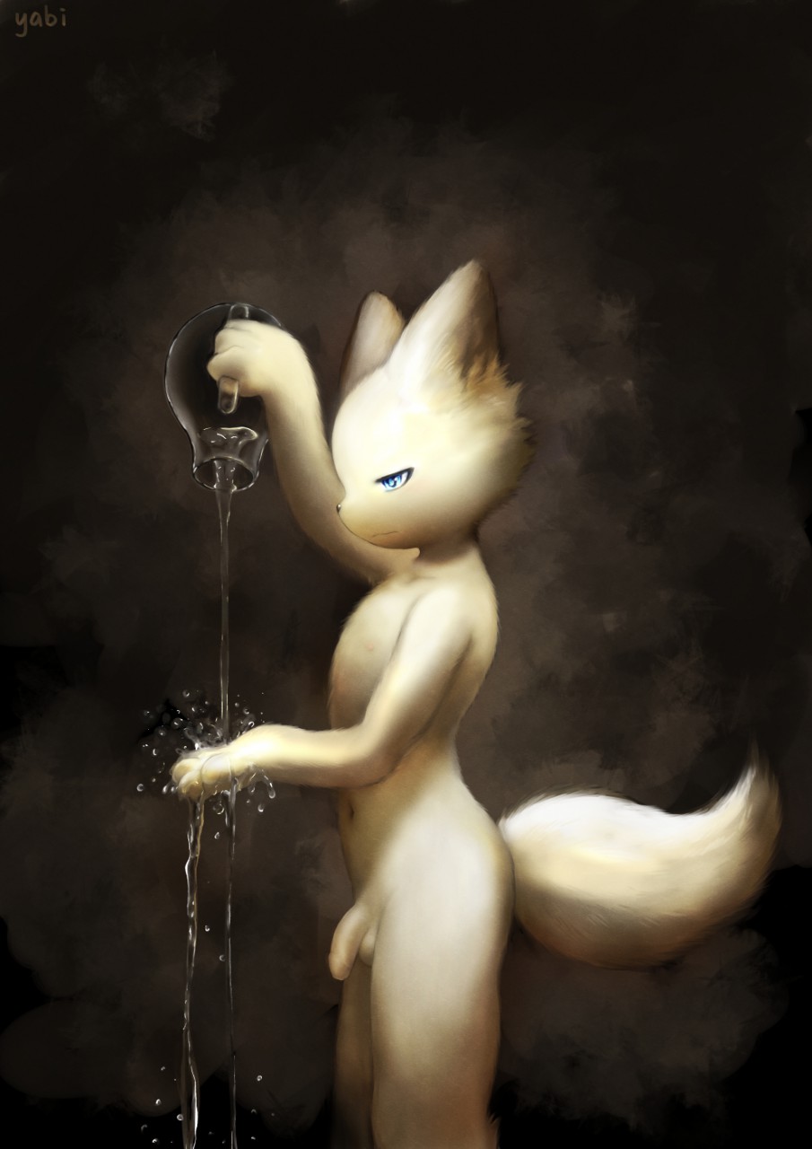 2018 anthro balls blue_eyes flaccid fur humanoid_penis jug kemono male mammal navel nude penis simple_background solo standing uncut water white_fur yabi