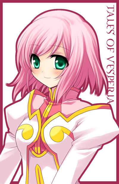 blush coat copyright_name estellise_sidos_heurassein green_eyes miyu_(matsunohara) pink_hair short_hair smile solo tales_of_(series) tales_of_vesperia white_background