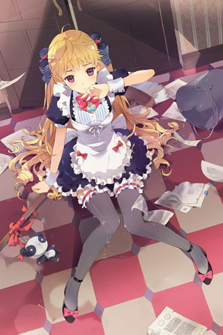 ahoge apron arm_cuffs arm_up artist_request black_legwear blonde_hair blush bow broom bucket checkered cinia_pacifica drill_hair frilled_skirt frills from_above hair_ribbon indoors knees_together_feet_apart leg_garter long_hair lowres maid panda pink_eyes ribbon shoe_bow shoes sitting skirt solo striped striped_ribbon stuffed_animal stuffed_panda stuffed_toy sword_girls thighhighs wet