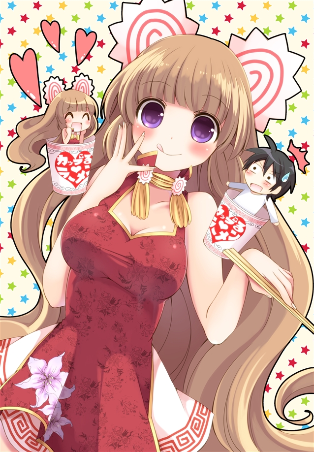 1boy 1girl :d :q ^_^ ayuko_(ayuco) bad_id bad_pixiv_id bare_shoulders black_hair blush brown_hair china_dress chinese_clothes chopsticks closed_eyes dress hair_ornament holding long_hair open_mouth original purple_eyes smile star starry_background sweatdrop tongue tongue_out very_long_hair