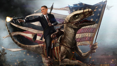 aircraft amazing america american american_flag barack_obama brown_body claws dinosaur edit green_eyes hat human male mammal necktie politics ranged_weapon raptor rpg-7 saddle scales scalie sharpwriter smile suit the_truth weapon