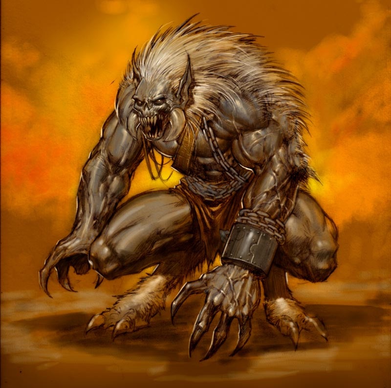 chain crouching grey_body grey_eyes hair loincloth looking_away male monster orange_background plain_background solo white_hair windego