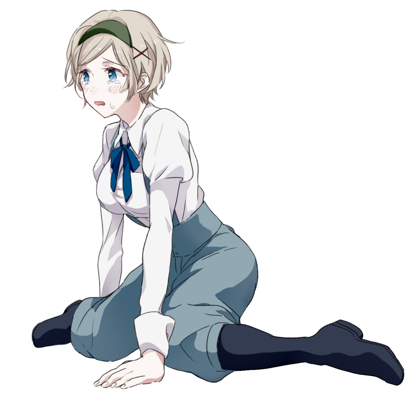 arm_support axis_powers_hetalia blonde_hair blouse blue_eyes boots capri_pants green_hairband hair_ornament hairband hairclip kneeling neck_ribbon open_mouth pants puffy_pants puffy_sleeves ribbon short_hair simple_background sitting solo suspenders tears thigh_boots thighhighs ukraine_(hetalia) urahara wariza white_background x_hair_ornament