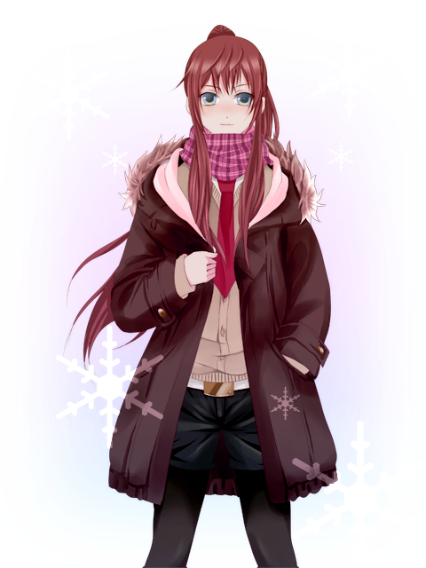 alternate_hairstyle bad_id bad_pixiv_id blue_eyes brown_hair coat legwear_under_shorts long_hair makise_kurisu necktie pantyhose ponytail red_neckwear scarf shorts smile solo steins;gate tadahana_(ramb's_ear)