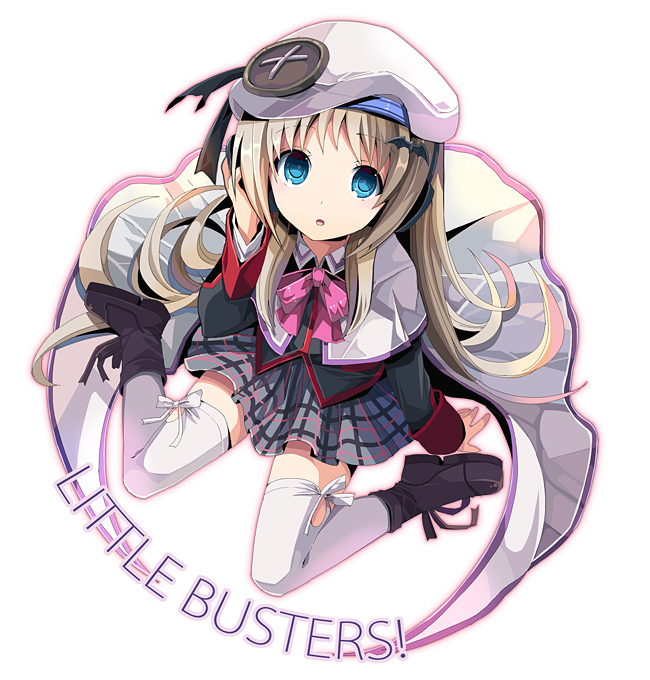 :o bad_id bad_tinami_id blonde_hair blue_eyes bow capelet copyright_name from_above fruit_punch hair_ornament hat little_busters! long_hair looking_at_viewer noumi_kudryavka pink_bow school_uniform sitting skirt solo thighhighs wariza white_legwear