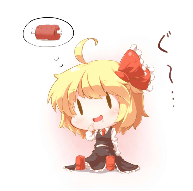 :d ahoge blonde_hair blush boned_meat chibi food hair_ribbon meat mochinabe necktie open_mouth ribbon rumia short_hair sitting skirt smile solid_oval_eyes solo thought_bubble touhou translation_request