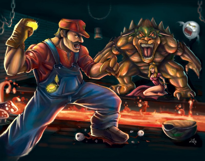 1girl 2boys blonde_hair blood bondage boo bowser cap chains claw cleavage crown death dress epic eyeball fire fire_flower fireball ghost glowing_eyes hands_behind_back horns koopa koopa_troopa lava manly mario monster muscle mushroom mustache nintendo power-up princess princess_peach red_eyes red_hair sharp_teeth shell shoes spiked_bracelet spikes stomp super_mario_bros. super_mushroom suspenders tongue torn_clothes warp_pipe yellow_eyes