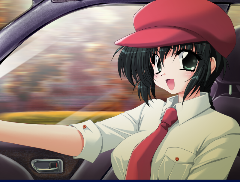 1girl beret black_hair blue_eyes car car_interior daikokuya_kyouko downhill_night driving game_cg hat long_hair motor_vehicle necktie tie vehicle