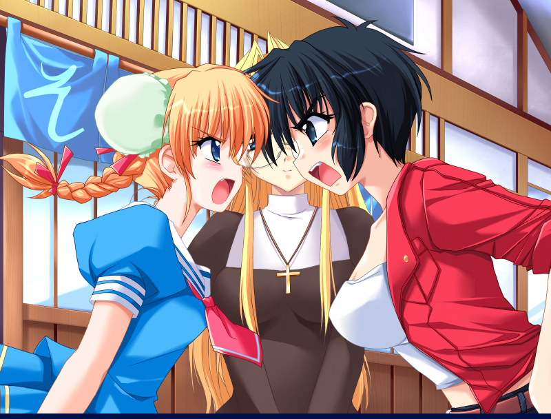 3girls angry black_hair blonde_hair blue_eyes blush cross daikokuya_kyouko downhill_night emily_(artist) emily_(pure_dream) fang game_cg kotosato_yuuna multiple_girls nun short_hair top_(company) twintails yano_maria