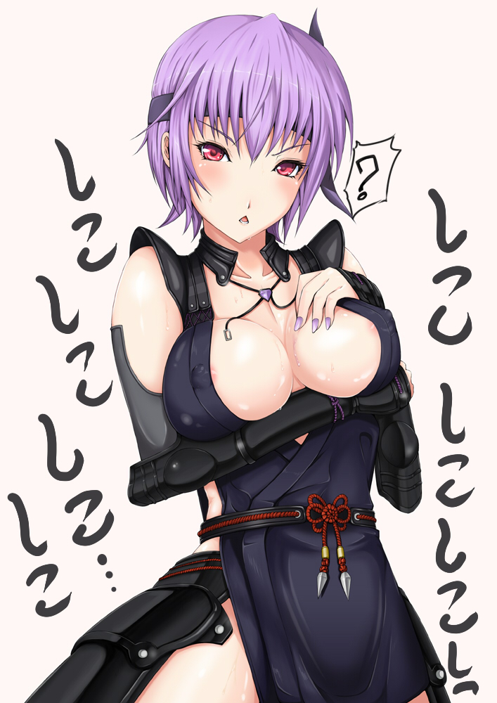 areolae ayane_(doa) breast_rest breasts cleavage collarbone covered_nipples dead_or_alive dead_or_alive_5 elbow_gloves gloves hairband konishiki_(52siki) large_breasts open_mouth pink_eyes purple_hair short_hair solo