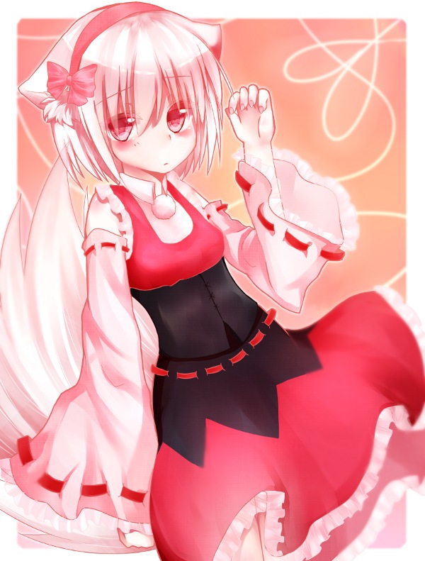 alternate_costume animal_ears bare_shoulders blush detached_sleeves dress headband inubashiri_momiji looking_at_viewer red_eyes short_hair solo tail toufukin touhou white_hair wide_sleeves wolf_ears wolf_tail