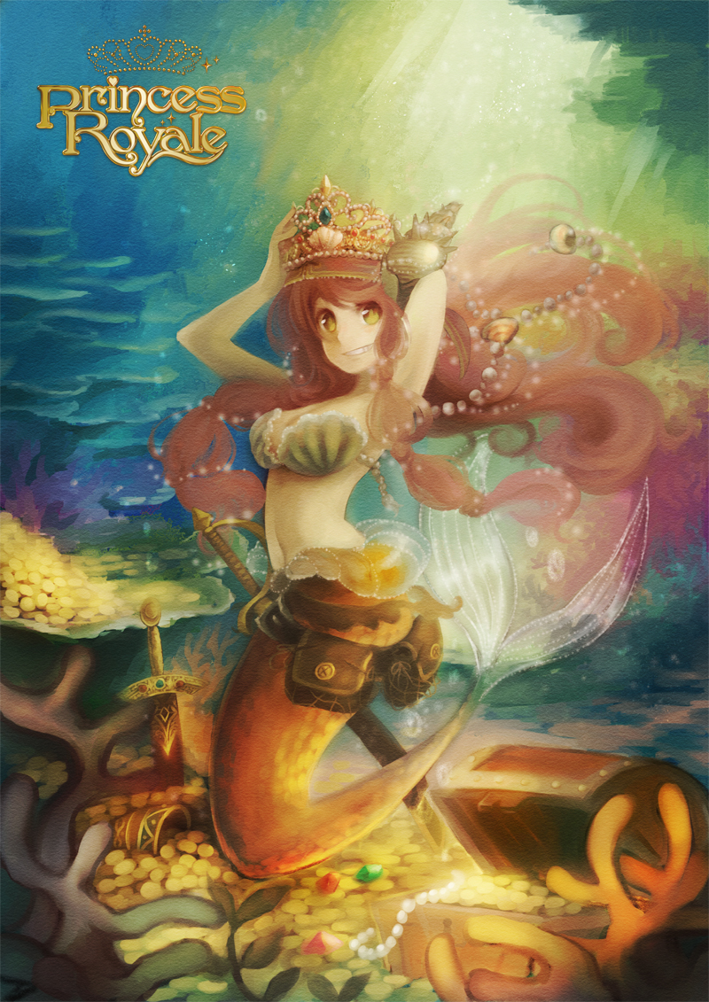 arinko_(ta.n.ra.ra) armpits arms_up bad_id bad_pixiv_id bubble coin conch copyright_name coral crown gem green_eyes grin long_hair looking_at_viewer mermaid monster_girl original pink_hair princess_royale smile solo sword texture the_little_mermaid treasure_chest underwater weapon