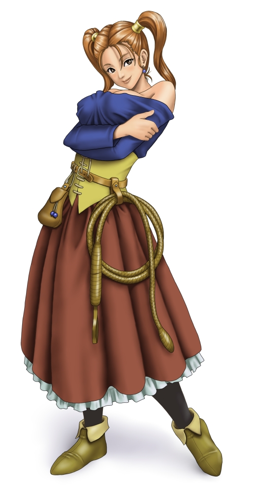 breast_lift breasts brown_eyes brown_hair dragon_quest dress irotsuya jessica_albert large_breasts looking_at_viewer purple_shirt shirt smile solo twintails