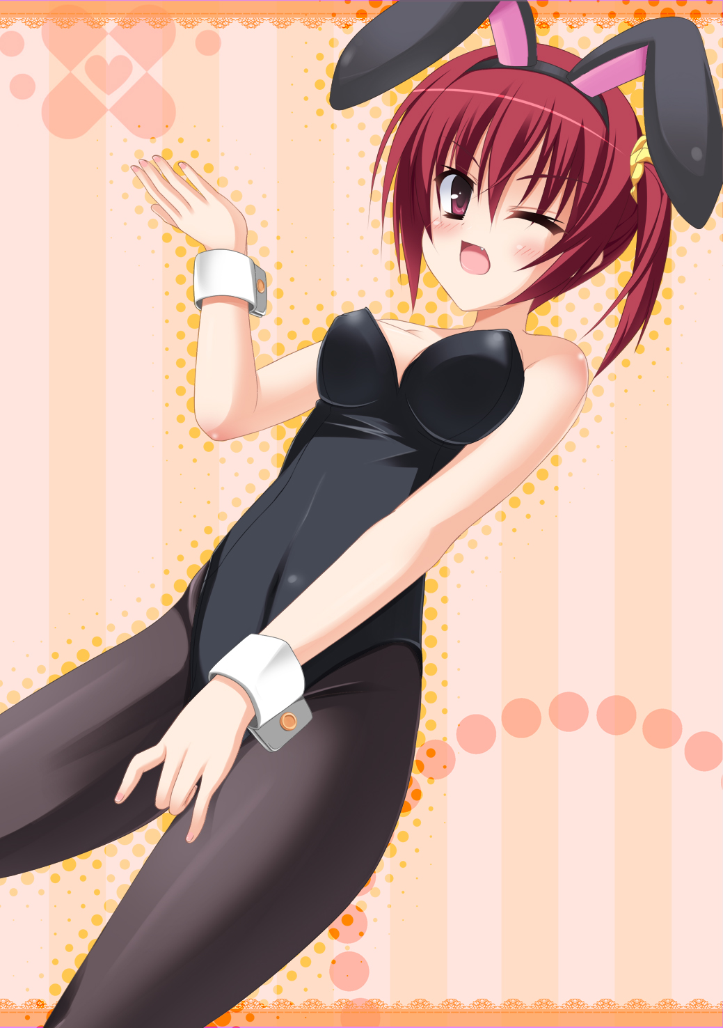 animal_ears aria. bunny_ears bunnysuit fang highres noble_works one_eye_closed pantyhose red_eyes red_hair sanjou_makoto short_hair side_ponytail wrist_cuffs