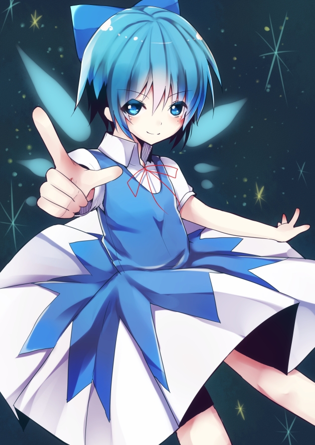 blue_eyes blue_hair bow cirno dress hair_bow ice ice_wings looking_at_viewer ribbon short_hair short_sleeves smile solo toufukin touhou wings