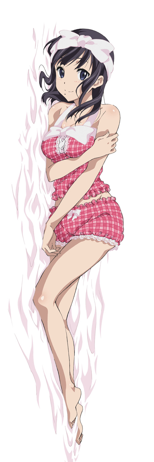alternate_hairstyle bare_legs barefoot bed_sheet black_eyes black_hair bloomers bow camisole dakimakura full_body hair_bow highres kokoro_connect light_smile looking_at_viewer lying mole mole_under_mouth nagase_iori official_art on_side self_hug sleepwear sleeveless solo underwear