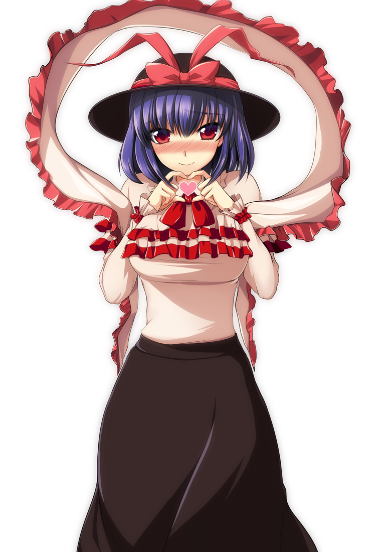 blush breasts capelet embarrassed hat hat_ribbon heart heart_hands large_breasts long_sleeves looking_at_viewer nagae_iku narumizg purple_hair red_eyes ribbon shawl shirt short_hair simple_background skirt smile solo touhou white_background