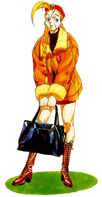 90s antenna_hair bag beret blonde_hair blue_eyes bomber_jacket boots braid cammy_white casual cross-laced_footwear fur_collar hat jacket lace-up_boots long_hair nishimura_kinu official_art scar shopping_bag solo street_fighter street_fighter_ii_(series) twin_braids