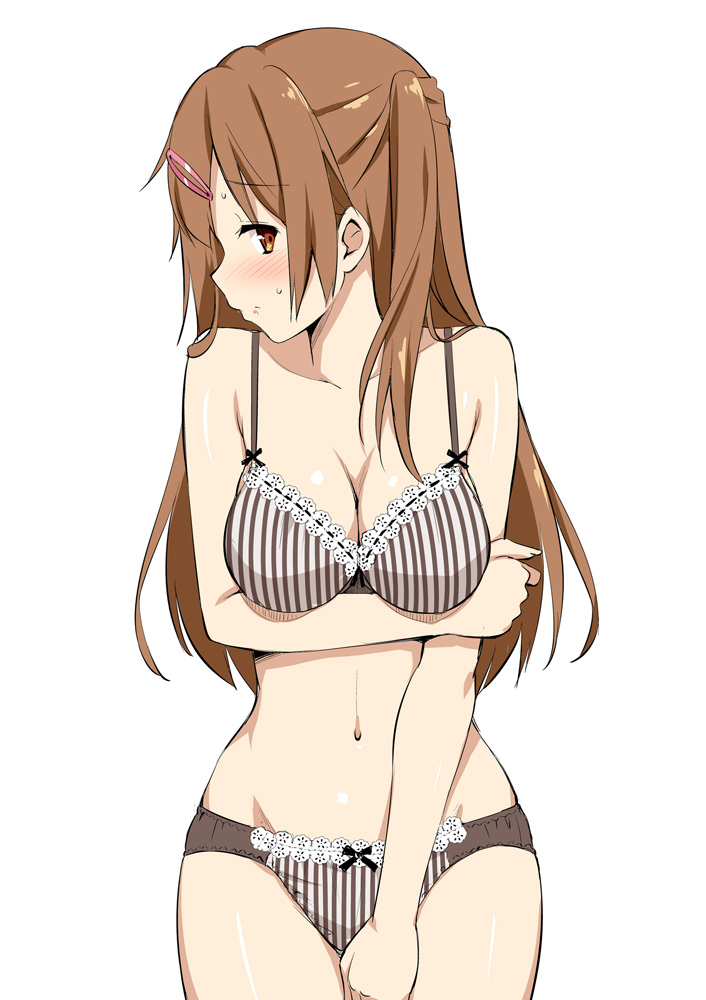 blush bow bow_bra bow_panties bra breast_hold breasts brown_eyes brown_hair brown_panties chuunibyou_demo_koi_ga_shitai! cleavage covering covering_crotch hair_ornament hairclip half_updo large_breasts lingerie long_hair looking_at_viewer navel nibutani_shinka one_side_up panties profile simple_background solo striped takayaki underwear underwear_only vertical-striped_bra vertical-striped_panties vertical_stripes white_background