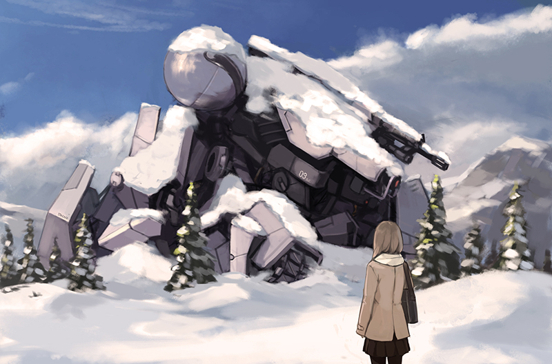 black_legwear brown_hair cannon day forest from_behind mecha mountain nature original pantyhose pleated_skirt scarf science_fiction short_hair skirt sky snow solo tree walker xiao_qiang_(overseas)