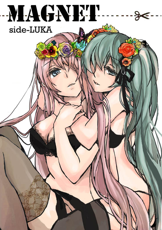 alice-yuki bad_id bad_pixiv_id bare_shoulders breasts hair_ornament hatsune_miku large_breasts long_hair magnet_(vocaloid) medium_breasts megurine_luka multiple_girls twintails vocaloid