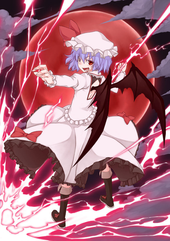 bat_wings blue_hair dress fangs full_moon hat hat_ribbon looking_back moon open_mouth red_eyes red_moon remilia_scarlet ribbon short_hair smile solo tandenho touhou wings