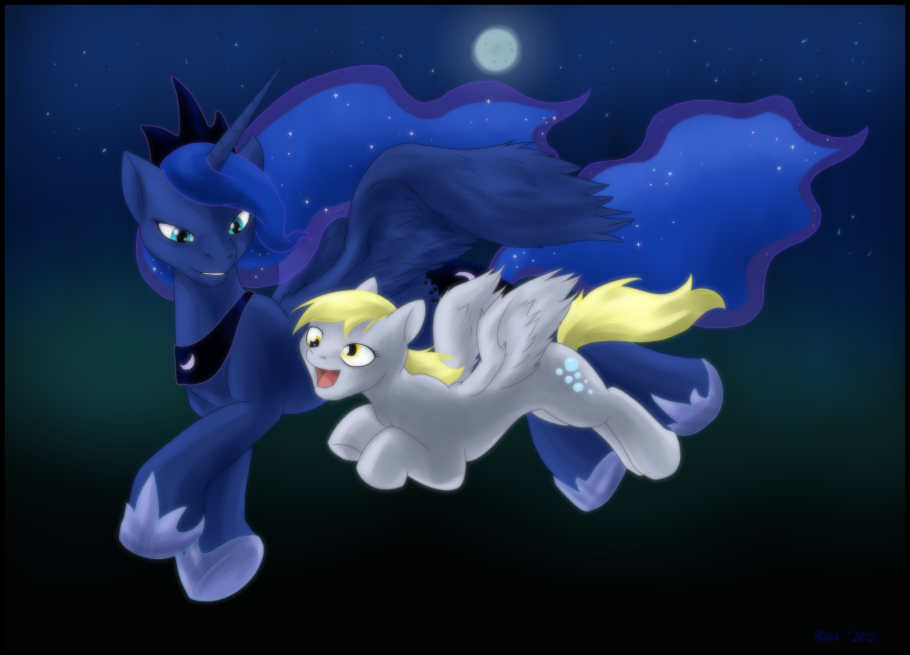 amber_eyes blonde_hair blue_eyes blue_hair cute cutie_mark derp derpy_hooves_(mlp) duo equine eye_contact female feral flying friendship_is_magic hair horn horse mammal moon motch my_little_pony night pegasus pony princess princess_luna_(mlp) royalty size_difference smile stars unicorn winged_unicorn wings